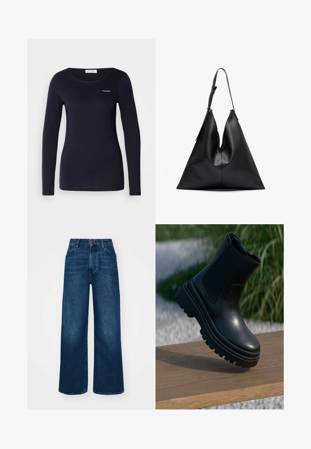 Jūrų laivyno ilgos rankovės marškiniai, pagaminti iš minkštos, tamprių medvilnės, su apvalia apykakle. Savybė – mažas logotipas viršutiniame kairiajame krūtinės kampe.; Aukšto liemens, platėjantys džinsai tamsiai mėlynos džinsinės medžiagos su lygia tekstūra, kontrastingomis siūlėmis ir penkių kišenių dizainu. Priekinis mygtukų užsegimas.; Juodos odinės aulinės botai su masyviu padu, elastingomis šoninėmis detalėmis ir lygia apdaila. Iškeltas dizainas su kontrastu pateikta pado detale.; Juoda odinė trikampio formos rankinė su viena reguliuojama petneša ir minkšta, šiek tiek susmukusia struktūra.