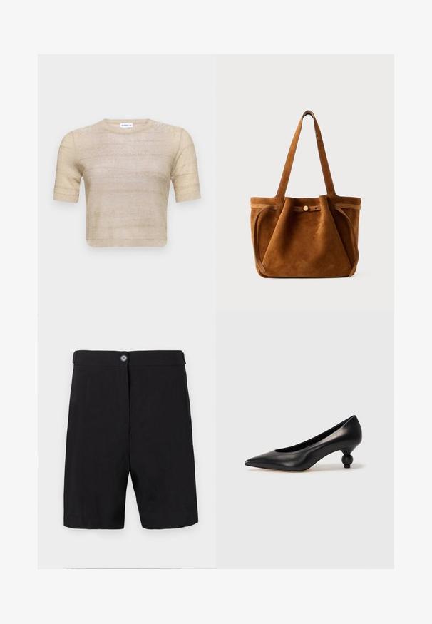Lühikeste varrukatega, lühikese lõikega sviiter heledas beežis, millel on metalliline sära. Sile tekstuur horisontaalsete triipudega ja ümmargune kaelus.; Kergedest kootud mustad lühikesed püksid, kohandatud disain nupuga esiküljel, lame vöökoht ja sirged jalad.; Must musta kõrge kontsaga king, millel on terav nina ja ümar, pallikujuline konts. Sile pind ja elegantne, minimalistlik disain.; Pruun nahast kott kahe käepidamega, nuppude sulgemise rihmaga ja lõdva, veidi langetatud kujuga.