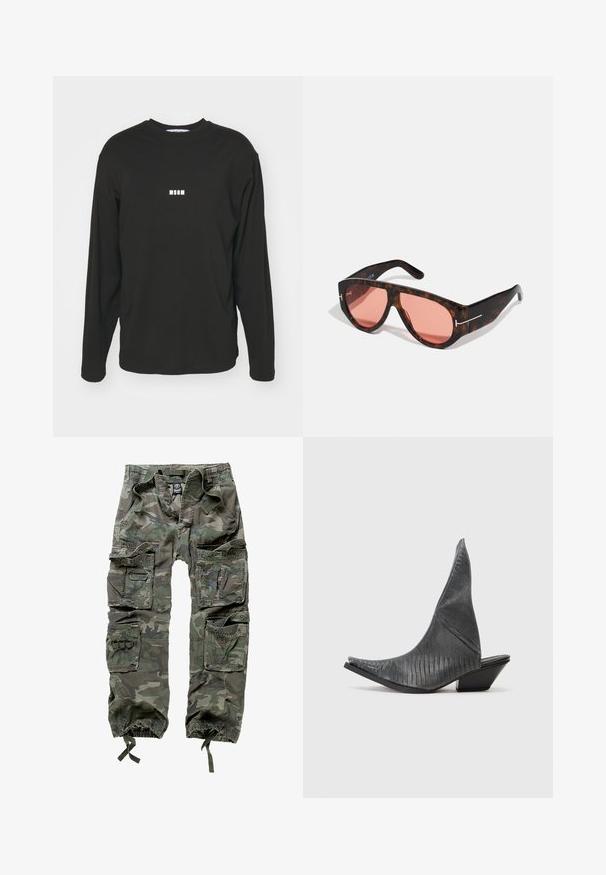 Schwarzes Langarm-T-Shirt aus Baumwolle, mit einem kleinen weißen "MSGM"-Logo auf der Brust, Rundhals und lockerer Passform.; Tarnfarben Cargo-Hosen aus Baumwolle, mit mehreren Taschen, elastischen Bündchen und einem lockeren Schnitt mit einem Kordelzugbund.; Schwarze, spitze Blockabsatz-Mules mit strukturiertem Schlangenledermuster. Sie verfügen über einen niedrigen, dreieckigen Absatz und ein glattes, geschwungenes Oberdesign.; Schildpatt-Sonnenbrille mit pinken Gläsern, die ein gewagtes, kantiges Design und dünne silberne Hardware-Akzente an den Rahmen aufweist.