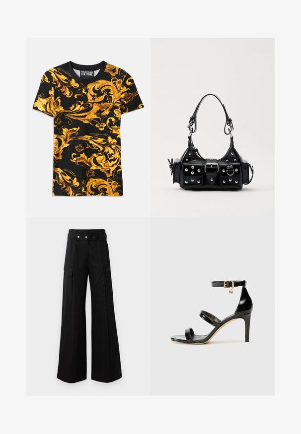Juodas marškinėliai su sudėtingu auksiniu baroko raštu, turinčiu sukimosi dizainus. Medvilninis audinys, trumpomis rankovėmis, ir logotipas ant apvado.; Juodos platėjančios kelnės su aukštu juosmeniu, turinčios dideles šonines kišenes, dvi priekinės mygtukus ir kilpelės detalę. Pagamintos iš tvirto audinio.; Juodas patentuotas odinis sandalai su trimis diržais, kulkšnies sagtimi ir 4 colių stiletto kulnu. Yra aukso detalės ir logotipo žavesys.; Juodas odinis rankinukas su kreiviu dizainu, su sidabro spalvos knopkėmis, užsegimu ir dviem šoninėmis kišenėmis. Reguliuojama dirželis nešimui.