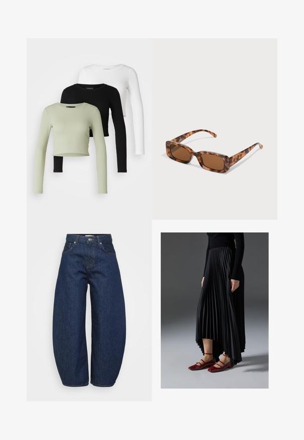 Even&Odd Petite 3 PACK - Hosszú ujjú felső - black/white/light green; Magas derekú sötétkék farmernadrág széles lábakkal, elöl gombbal és cipzárral záródik, klasszikus öt zsebes kialakítással.; Fekete redős szoknya, magas- és alacsony szegéllyel, fényes piros lapos cipőkkel párosítva, amelyek pántos dizájnnal rendelkeznek. Az anyaga sima tapintású.; Tarka mintás napszemüveg, téglalap alakú barna lencsékkel, vastag kerettel és vékony, különböző árnyalatú barna mintázattal ellátott szárakkal.; Fehér műbőr kézi táska, felső cipzárral, rövid fogantyúval és levehető keresztpántos vállpánttal, arany színű fémrészletekkel. Oldalsó fűzés részlet.; Ez egy ezüst fülbevaló, sima felülettel, amelyen apró arany díszítőelemek találhatók. Kerek formájú és a fülcimpán viselik.