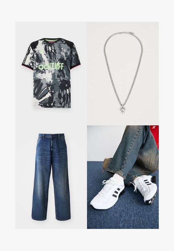 Lyhythihainen, pyöreäkauluksinen urheilupaita musta-valko-harmaalla abstraktilla painatuksella; sisältää neonvihreän "adiTUFF"-logon ja vaaleanpunaisia tehosteita.; Vaaleansiniset korkeavyötäröiset farkut, joissa on leveät lahkeet, hienovarainen kulutusvaikutus, etutaskut ja napitus vyötäröllä.; Valkoiset verkkomateriaalista valmistetut urheilukengät mustilla yksityiskohdilla, joissa on teksturoitu muotoilu ja erottuva pohja, paritettu sinisten farkkujen kanssa.; FAINZ SPIKE HEART CHAIN UNISEX - Kaulakoru - silver-coloured