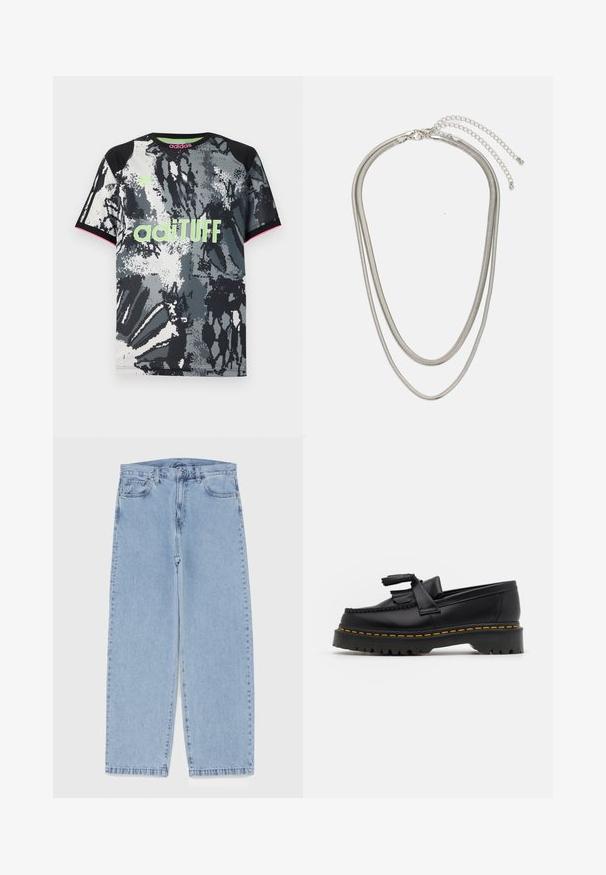 Lühikeste varrukatega, ümar kaelusega spordisärgid musta, valge ja halli abstraktse mustriga; sisaldab neoonrohelist "adiTUFF" logo ja roosa aksente.; Heled sinise denimi sirgete põlvede lõikega teksad, millel on keskmise kõrgusega vöökoht, viis taskut ning nööbid ja tõmblukk.; Mustmust musta loafer, millel on frantsiisi aktsent, paks must tald ja kollane õmblus servas. Tekstuuriga viimistlus.; Kolmekihiline hõbedane metallkaelakee, mis on valmistatud peentest, paindlikest kettidest kerge läikega, kinnitatud krabi sulguri ja reguleeritava ketiga.