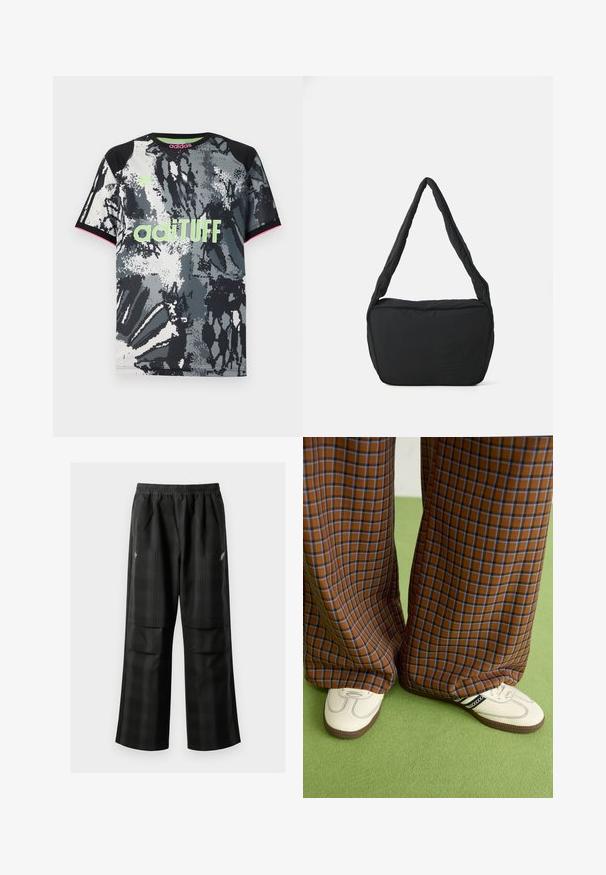 Camisa desportiva de manga curta e decote redondo com um padrão abstrato em preto, branco e cinza; apresenta o logótipo "adiTUFF" em neon verde e detalhes em rosa.; Calças pretas em padrão xadrez com cintura elástica, dois bolsos frontais e um ajuste solto com design de perna reta. Feitas de material leve.; Calças largas em padrão xadrez castanho e azul, combinadas com sapatos brancos com detalhes pretos e solas texturizadas, contra um fundo verde.; Saco preto de ombro com uma textura almofadada, uma forma arredondada e uma alça larga, apresentando um logótipo em relevo na parte da frente.