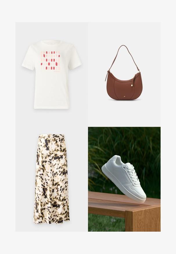 White cotton t-shirt featuring a geometric pattern of rectangular shapes in shades of pink and red. Crew neck and short sleeves.; A knee-length skirt in a light fabric with a beige, brown, and green abstract pattern. Features a fitted waistband and flowing design.; White sneaker with a smooth synthetic upper, perforated toe box, flat laces, and a textured sole, displayed on a wooden surface.; Brown faux leather shoulder bag with curved shape, minimal stitching, and a gold-tone hardware accent. Features a top zipper closure and adjustable strap.