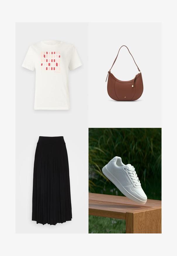 White cotton t-shirt featuring a geometric pattern of rectangular shapes in shades of pink and red. Crew neck and short sleeves.; Black pleated skirt with a high, stretchy waistband. Made from soft fabric, featuring vertical pleats for a flowing silhouette.; White sneaker with a smooth synthetic upper, perforated toe box, flat laces, and a textured sole, displayed on a wooden surface.; Brown faux leather shoulder bag with curved shape, minimal stitching, and a gold-tone hardware accent. Features a top zipper closure and adjustable strap.