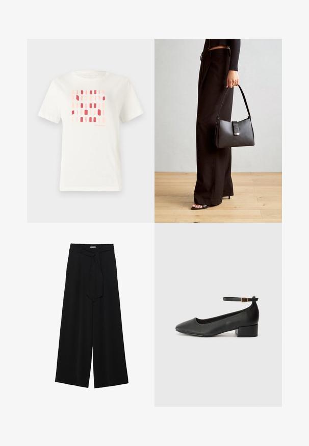 Balta kokvilnas T-krekls ar ģeometrisku rakstu, kas veidots no taisnstūra formām rozā un sarkanos toņos. Arapa stils un īsās piedurknes.; Melni platleņķa bikses ar teksturētu audumu, elastīgu jostu un noņemamu siksnu viduklī, kas nodrošina regulējamu piegulšanu.; Melnas ādas sūkņi ar smailu purngalu un zemu bloku papēdi. Iezīmēts ar potītes siksniņu ar zelta krāsas sprādzi. Gluda tekstūra.; Melnā somiņa ar strukturētu formu, gludu tekstūru un metālu sprādzi. Saskaņota ar platām melnām biksēm un sandālēm ar atvērtu purngalu uz koka grīdas.