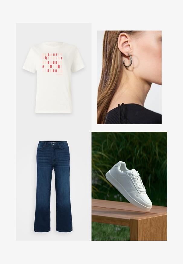 Hvid bomulds t-shirt med et geometrisk mønster af rektangulære former i nuancer af pink og rød. Rund hals og korte ærmer.; ONLY Petite ONLMADISON BLUSH WIDE - Wide leg - dark blue denim; Hvid sneaker med en glat syntetisk overdel, perforeret tåboks, flade snørebånd og en tekstureret sål, præsenteret på en træoverflade.; Sølv hoop ørestik med en poleret overflade, prydet med små guld accenter og en rund form, båret på øreflippen.