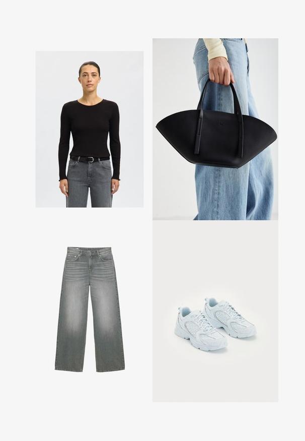 Crni kratki top dugih rukava s rebrastim uzorkom i okruglim izrezom, u kombinaciji s visokim sivim trapericama i crnim remenom sa srebrnom kopčom.; Široke sivo traperice s lagano izblijedjelim izgledom, dizajnom s pet džepova te klasičnim zakovicama i zatvaračem.; Svijetloplave atletske cipele s gornjim dijelom od mrežaste i sintetičke tkanine, s bijelim točkicama i reflektirajućim detaljima, vezanje na vezicu i podložnim potplatima.; Crna kožna torba jedinstvenog oblika ventilatora, s ravnim ručkama. Površina ima teksturu sličnu šljunku i minimalistički dizajn.