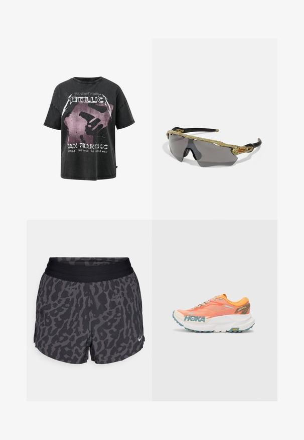 Graphic T-shirt in black cotton, short sleeves, featuring a vintage Metallica print in shades of purple and white with distressed texture.; Black and gray leopard print shorts with a wide elastic waistband, featuring a subtle sheen and a small white Nike logo on the lower right.; Orange and pink running shoe with mesh upper, white midsole, Vibram outsole, and light blue accents. Features HOKA branding on the side.; Sport sunglasses with a green patterned frame, black arms, and gray lenses. The design features a wraparound style with a bold, sporty shape.
