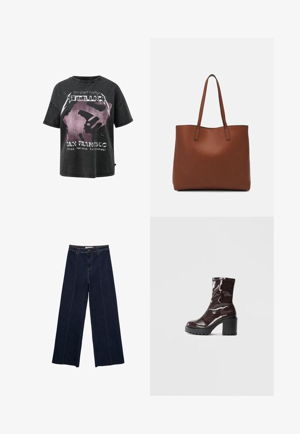 Grafisches T-Shirt aus schwarzer Baumwolle, mit kurzen Ärmeln, ausgestattet mit einem Vintage Metallica Druck in lila und weiß mit einem abgenutzten Textur.; Weite dunkle Jeanshose mit Kontrastnähten, hoher Taille und geradem Schnitt. Verfügt über Fronttaschen und einen klassischen Knopfverschluss.; Glatte bordeauxrote Ankle Boots mit einem klobigen schwarzen Absatz, die eine glatte Oberfläche und ein einfaches Design aufweisen. Keine sichtbaren Verschlüsse oder Muster.; Braune Leder-Tote mit glatter Textur, offenem Oberteil und zwei Schulterriemen. Verfügt über minimale Nähte und keine sichtbaren Beschläge.