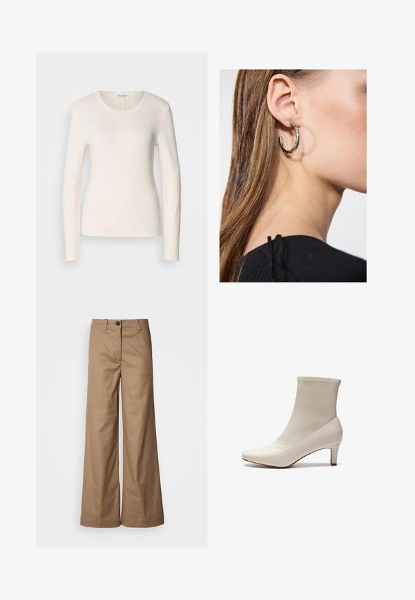 Langermet T-skjorte i kremfarget bomull, med rund hals, tettsittende design og en liten logodetalj nær kanten. Glatt tekstur.; Vidde bukser laget av glatt, beige stoff. Har knappelukking foran, beltehemper og sidelommer. Rene linjer uten synlige mønstre.; Hvit ankelstøvel laget av glatt lær med spiss tå og en kort, taperende hæl. Har et minimalistisk design og sømløs overdel.; Sølv ringøredob med en polert finish, med små gull detaljer og en rund form, båret på øreflippen.