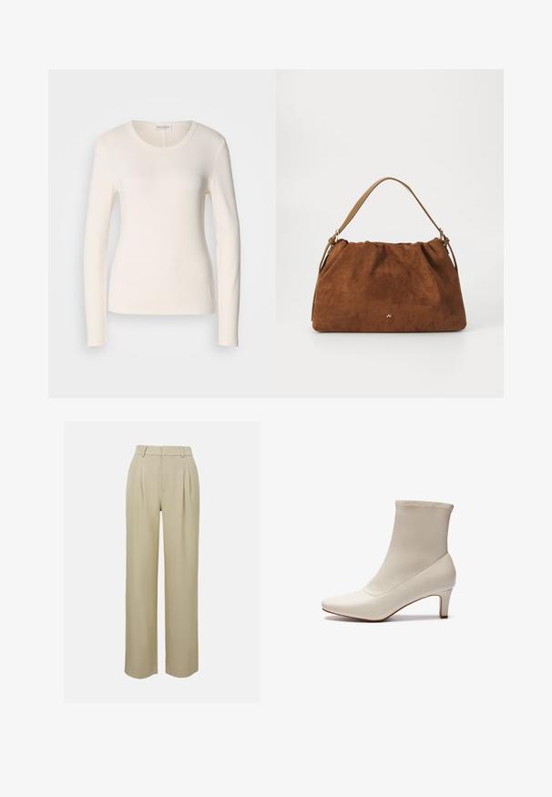 Ilgi piedurkņu t-krekls krēmkrāsas kokvilnā, ar apaļu izgriezumu, pieguļošu izskatu un nelielu logo detaļu tuvu apakšmalai. Gluda tekstūra.; Bēšas platā kāju bikses, izgatavotas no gludas auduma, ar priekšējiem krokām, piegrieztiem jostas galiem un sānu kabatām. Tīrs apakšmala apdare.; Baltas potīšu zābaks, izgatavots no gludas ādas ar smailu purngalu un īsu, ieapaļu papēdi. Iezīmējas ar minimālistisku dizainu un bezšuvju virsotni.; Brūna zamšāda soma ar savilkšanas dizainu, kurai ir viena gaiši brūna ādas siksna un smalka zelta logo detaļa priekšpusē.