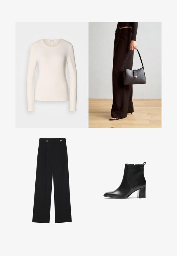 Kreemivärviline puuvillane pikad varrukad T-särk, millel on ümmargune kaelus, kehaümberpööratud disain ja väike logo detail allääres. Sile tekstuur.; Mustad laiad püksid kõrge vöökoha ja nööpdetailidega vööandil, esikortsudega.; Mustmust musta kingad ümarate varvastega, keskmise kõrgusega blokk-kontsa ja tagaküljel tõmbetoru. Sile tekstuur, minimaalne disain.; Must musta kott, millel on struktureeritud kuju, sile tekstuur ja metallist klamber. Kombineeritud laiate mustade pükstega ja avatud varvaste sandaalidega puidust põrandal.