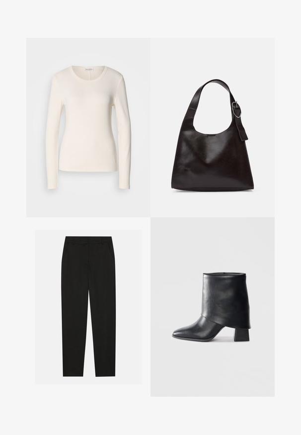 Majica dugih rukava od kremaste pamuka, s okruglim izrezom, prilagođenim dizajnom i malim logom blizu rubnog dijela. Glatka tekstura.; Crne hlače s krojem po mjeri, s bočnim džepovima i ravnim nogavicama. Izrađene od glatkog, laganog materijala s elegantnim završetkom.; Crna kožna čizme do gležnja sa šiljastim prstom, glatke teksture i strukturiranim blok petom. Ima visoki, preklopljeni dizajn manžetne.; Smeđa kožna torba preko ramena s glatkom teksturom, zaobljenim oblikom, širokim remenom i kružnim metalnim akcentom na ručki.