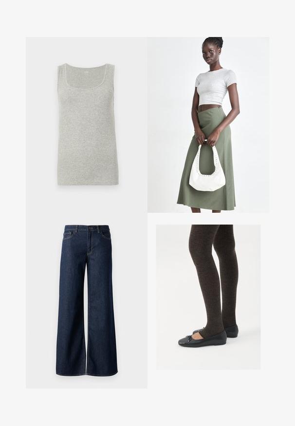 Top gri din bumbac ribbed. Are un decolteu rotunjit și bretele largi, cu o textură netedă pe toată suprafața.; Jeanși cu picioare largi din denim albastru închis. Prezintă cusături contrastante, cinci buzunare și o închidere cu nasture la talie. Textură netedă.; Pantofi negri cu un detaliu mic de fundiță la vârf, asortați cu colanți maro închis, cu textură ondulată. Pantofii au o textură netedă și un profil joase.; Crop top griș cu dungi și fustă verde măsliniu cu talie înaltă. Modelul ține o geantă albă de umăr cu detalii tăiate. Design simplu, siluetă ajustată.