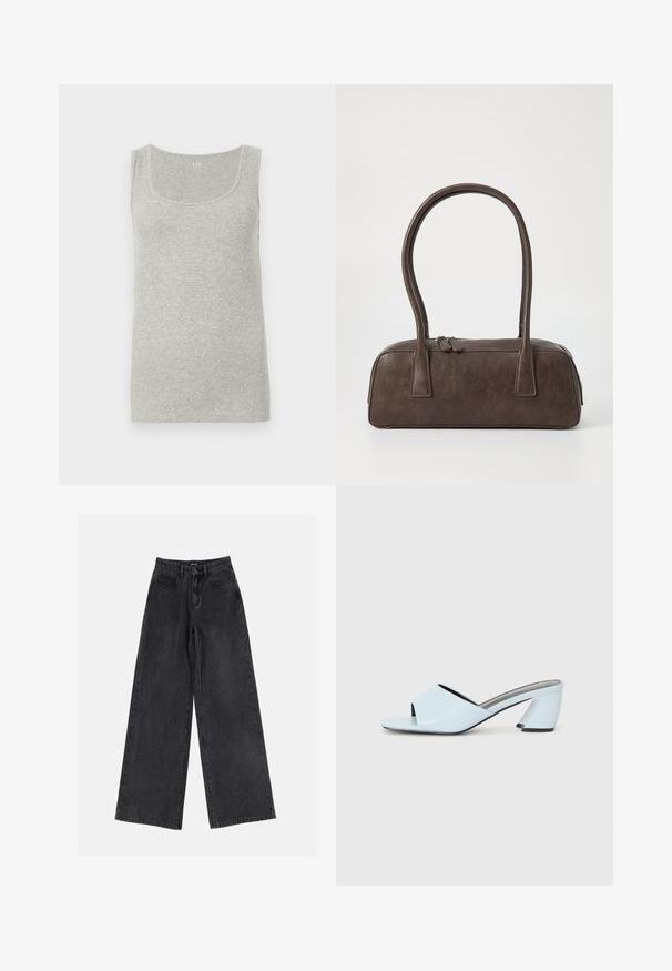 Siva majica brez rokavov iz rebrastega bombaža. Ima zaobljen ovratnik in široke naramnice, z gladko teksturo po celotni površini.; Črne široke denim hlače z visokim pasom, klasičen pet-pocket dizajn in subtilno zbledelo videz. Trpežen material z gladko teksturo.; Svetlo modre sandale na peto z odprtim prstom in geometrijskim vzorcem, ki imajo širok trak čez nogo in masiven, kotni višji del.; Rjava usnjena torbica z dvema trdnima ročkama, pravokotne oblike, gladke teksture in zadrgo. Minimalističen dizajn brez vidnih vzorcev.