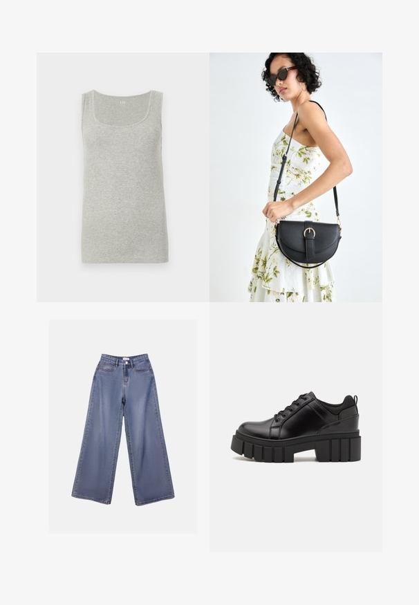 Gray tank top made of ribbed cotton. Features a rounded neckline and wide shoulder straps, with a smooth texture throughout.; Wide-leg denim jeans in a light blue wash, featuring a high waist, front pockets, and a button closure with belt loops.; Black leather platform shoes with a chunky block heel, round toe, and traditional lace-up design. Features smooth texture and minimal detailing.; Black leather handbag with a curved shape, detachable strap, and gold hardware. The bag features a flap with a buckle detail.