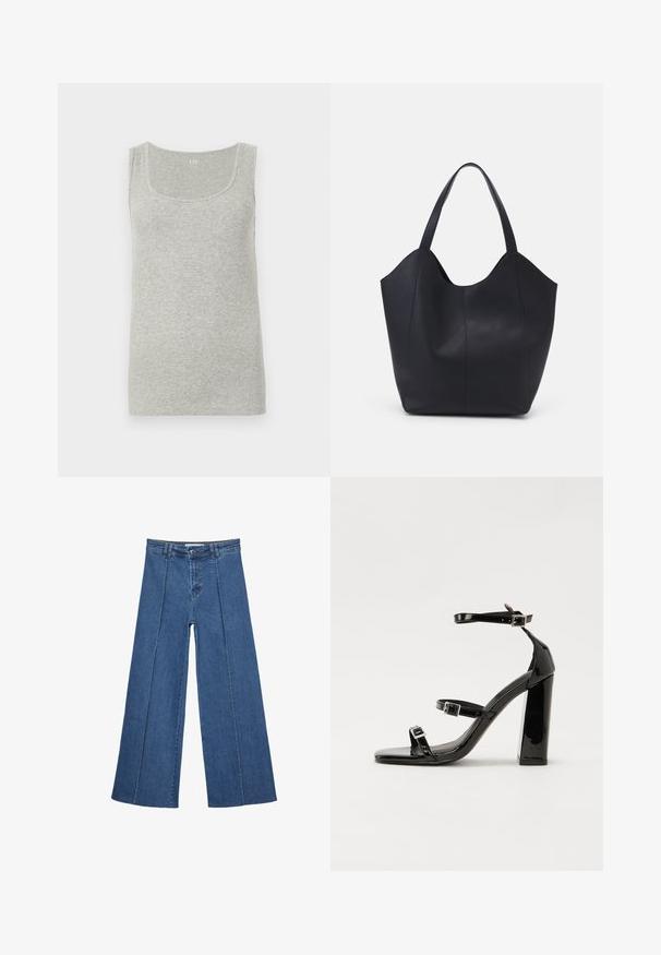 Šedý tílko vyrobené z ribovaného bavlny. Má zaoblený výstřih a široké ramínka, s hladkou strukturou po celé ploše.; Džíny s širokými nohavicemi v středně modré barvě, se zvýšeným pasem, knoflíkovým zapínáním a kontrastními vertikálními švy vpředu.; Černé lakované sandály na podpatku se čtveratou špičkou, lýtkovými pásky a stříbrnými přezkami. Disponují masivním blokovým podpatkem pro stabilitu.; Černá taška přes rameno vyrobená z hladké kůže, s zakřiveným, otevřeným vrchem a dvěma ramenními popruhy, s minimalistickým designem.