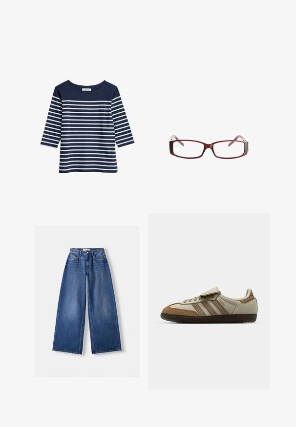 Sötétkék pamut felső 3/4-es ujjakkal, vízszintes fehér csíkokkal. Kerek nyakú és laza szabású. Simább textúrájú.; Bershka WIDE-LEG - Széles szárú - dark blue; Barna és krém színű sportcipő, három bézs csíkkal, velúr és bőr anyagból készült, fűzős kialakítással és gumitalppal. Szöveges logó az oldalon.; Vörös téglalap alakú szemüveg, amelynek elegáns kivitele van. Átlátszó lencsék, enyhén áttetsző szárak, és vörösből szürkébe átmenő színátmenet.