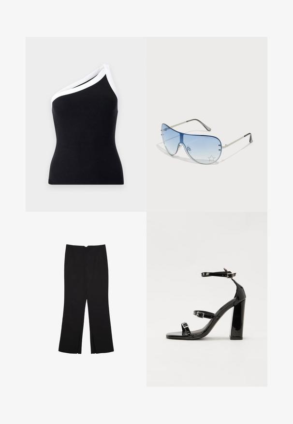 Musta ribbed-yksiolkapaitapaita valkoisilla yksityiskohdilla kauluksessa. Istuva malli, pehmeä rakenne ja siistit linjat.; Mustat housut suoralinjaisella leikkauksella, joissa on etutaskut ja sivurei'ät helman alla. Valmistettu pehmeästä ja sileästä kankaasta. Sopii eri tilaisuuksiin.; Musta kiiltävä korkokenkä sandaalit neliönmuotoisella varpaalla, nilkkaremmillä ja hopeisilla soljilla. Varustettu tukevalla lohkokorkealla vakauden takaamiseksi.; Aviator-mallin aurinkolasit, jotka ovat varustettu gradienttisilla sinisillä linsseillä, hopeisella metallikehyksellä ja koristeellisilla tähtikoristeilla linsseissä. Joustava ja viehättävä muotoilu.