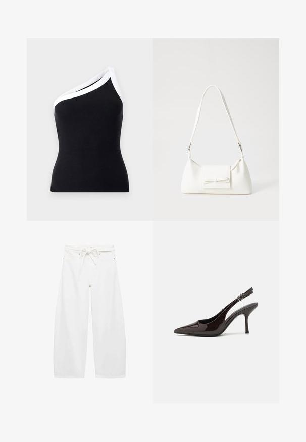 Black ribbed one-shoulder top with white trim along the neckline. Fitted design, soft texture, and clean lines.; White wide-leg pants made of lightweight fabric, featuring a drawstring waist, two front pockets, and simple metal hardware accents.; Slingback high-heeled shoe in glossy dark brown patent leather, pointed toe, open sides, and adjustable ankle strap.; White synthetic handbag with a triangular shape, flat front flap and bow detail, adjustable strap, smooth texture, and minimalistic design.