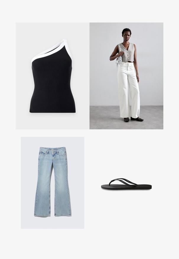 Svart ribbet ensidig topp med hvit kant langs halslinjen. Fitted design, myk tekstur og rene linjer.; Weekday NOVA - Jeans slim fit - lip blue; Svart flip-flop med teksturert gummisåle, to slanke stropper og en subtil, preget logo på stroppen.; Grå kort vest med knapper, kombinert med hvite vide jeans og svarte flate sko. Tilbehør med en liten sølvfringe-veske.