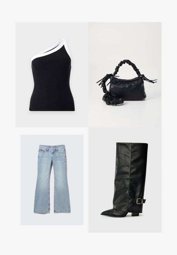 Black ribbed one-shoulder top with white trim along the neckline. Fitted design, soft texture, and clean lines.; Weekday NOVA - Slim fit jeans - lip blue; Black leather ankle-length boots with a pointed toe, smooth texture, and a silver buckle accent on the side. Chunky square heel.; Black faux leather handbag with a crocodile texture, cinched top, and a scrunched strap. Appears soft and compact in design.