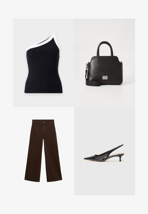 Črna rebrasta majica z enim ramenom in belim obrobjem ob izrezu. Priznan kroj, mehak material in čiste linije.; Rjave široke hlače iz mešanice bombaža, z raztrganim robom, sprednjim gumbom in klasičnim dizajnom s petimi žepi. Minimalistične in vsestranske.; Črne lakaste slingback petke s koničastim prstom in vitkim srednje visokim petam. Gladka tekstura z minimalističnimi oblikovalskimi elementi.; Črna sintetična torbica z zgornjimi ročaji, snemljivim ramenskim trakom, zaobljeno obliko, gladko teksturo in srebrnim logotipom na sprednji strani.