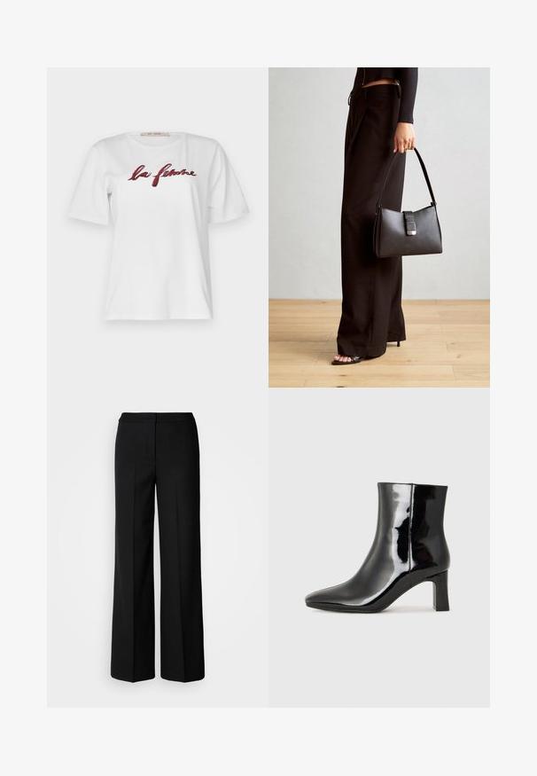 Rue de Femme NATACHA - T-shirt med print - offwhite; Svarta vida byxor med ett mjukt tyg, med hög midja, skräddarsydda sömmar och en minimalistisk design. Inga synliga detaljer eller fickor.; Svart lackläder ankelboot med spetsig tå och en medelhög klack. Slät textur och minimalistisk design.; Svart handväska med strukturerad form, slät yta och metallspänne. Matchad med vida svarta byxor och sandaler med öppen tå på trägolv.