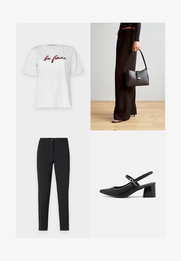 Rue de Femme NATACHA - Trükipildiga T-särk - offwhite; Mustad sobivad püksid siledast kangast, klassikalise vöökoha, ees oleva lukuga ja küljetaskutega, millel on stiilne ja kohandatud disain.; Mustad läikivad nahast slingback-kõrged kontsad, millel on terav nina, ümar lõikekujundus ja blokknina. Omab kuldset nupu aktsenti.; Must musta kott, millel on struktureeritud kuju, sile tekstuur ja metallist klamber. Kombineeritud laiate mustade pükstega ja avatud varvaste sandaalidega puidust põrandal.