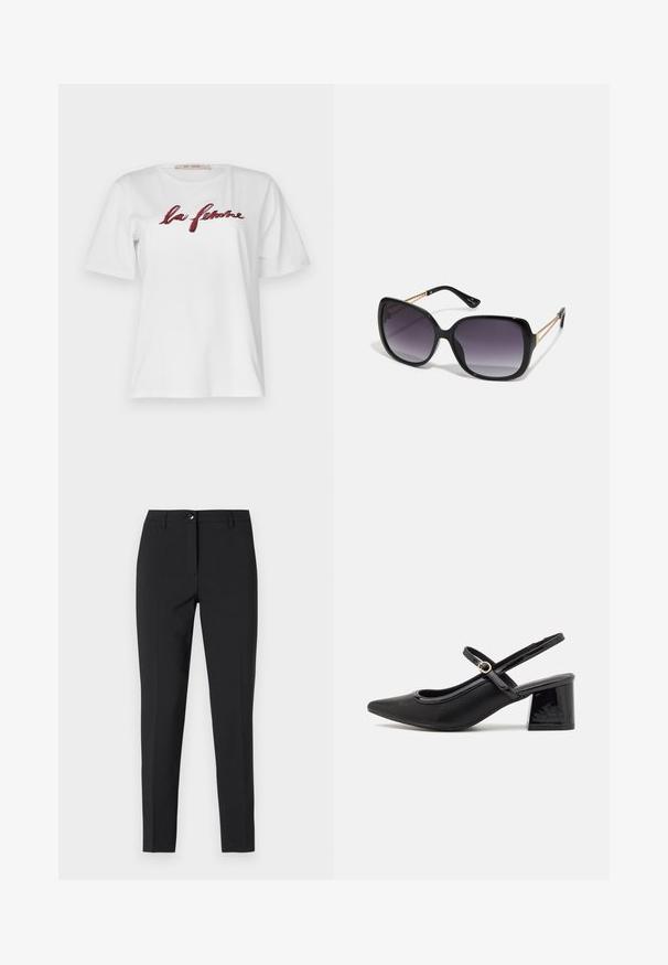 Rue de Femme NATACHA - Apdrukāts T-krekls - offwhite; Melnas piegrieztas bikses no gludas auduma, ar klasisku jostasvietu, priekšējo rāvējslēdzēju un sānu kabatām eleganti izsmalcinātā dizainā.; Melns patentēts ādas sandales ar norādīta pirksta formu, noapaļotu izgriezuma dizainu un bloķētu papēdi. Iezīmēta ar zelta toņa sprādzi.; Melni pārmērīgi lieli saulesbrilles ar gradāciju lēcām, biezām rāmja malām un zeltainas krāsas ķēžu detaļām uz tempļiem.; Melnā somiņa ar strukturētu formu, gludu tekstūru un metālu sprādzi. Saskaņota ar platām melnām biksēm un sandālēm ar atvērtu purngalu uz koka grīdas.