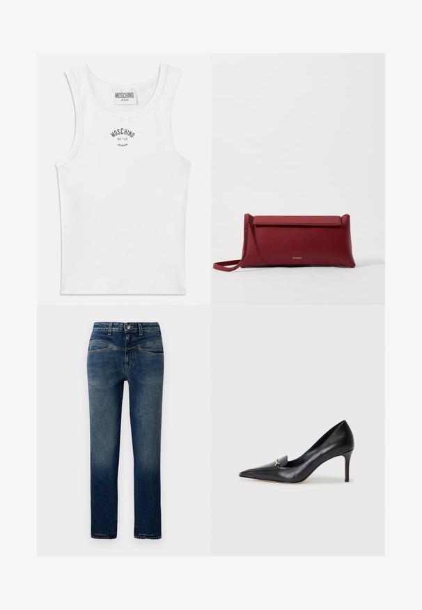Valge ribaga top, millel on ümmargune kaelus ja lai õlavarre rihm. Rinnas on hallis värvi trükitud "MOSCHINO JEANS" logo.; Tumedat sinisema denim-püksid otse lõikega, kerge pleekimisega, oranžade õmblustega ja nööpkinnitusega vöökohtades.; Mustmust musta kinga terava nina, madala lõikega vamp ja dekoratiivne kuldne aksessuaar. Omab stilettokandikut ja sileda tekstuuri.; Punane nahkne käekott tekstuuriga viimistlusega, millel on lame voltimisosa ja lühike rihm. Pehme brändi logo ees.