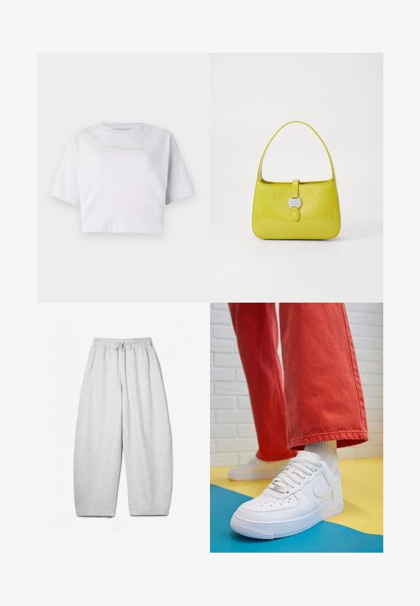 Cropped white T-shirt made of cotton, featuring short sleeves and green embroidered text saying “waiting the sunset.”; Light grey sweatpants with a relaxed fit, elastic waistband, drawstring, and side pockets; made from soft, textured fabric.; White leather sneaker with perforated toe box, textured sole, and white laces, paired with wide red pants and a blue and yellow background.; Yellow patent leather handbag with a structured shape, a top handle, and a front snap closure featuring a circular metal logo accent.