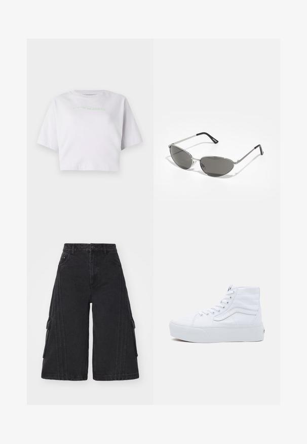 Lyhythihainen valkoinen T-paita, joka on valmistettu puuvillasta. Tässä paidassa on vihreällä brodeerattu teksti "odottaen auringonlaskua".; adidas Originals CAPRI - Farkkushortsit - black; Korkea valkoinen kangaskengät, joissa on kumipohja, nauhavetoketju edessä ja pehmustettu kaulus. Ominaisuudet sisältävät klassisen muotoilun, jossa on tikattuja yksityiskohtia.; Aurinkolasit, joissa on tyylikäs, hopeanvärinen metallikehys, harmaasti sävytetyt linssit ja aerodynaaminen muotoilu, jossa on terävät reunat ja ohuet varret.