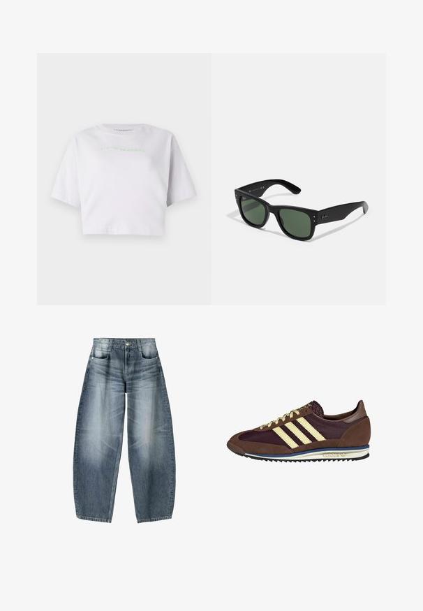 Cropped white T-shirt made of cotton, featuring short sleeves and green embroidered text saying “waiting the sunset.”; Wide-leg jeans made of light blue denim with fading, featuring a five-pocket design, button fly, and minimal stitching details.; Brown and burgundy sneaker with suede and mesh materials, featuring three cream stripes, textured fabric on the tongue, and a rubber sole.; Black rectangular sunglasses with green lenses, matte finish, subtle hardware accents, and embossed logo on the temple.