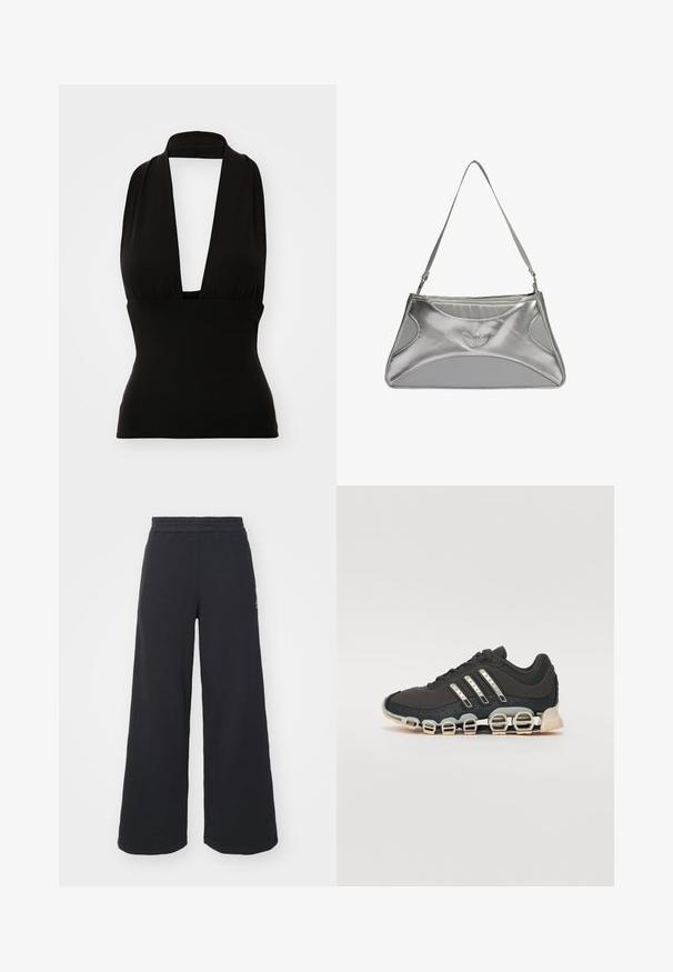 Juoda halter tipo palaidinė, pagaminta iš tamprios medžiagos. Su giliu V formos dekolte ir patobulintu siluetu. Lygi tekstūra, be matomų raštų ar detalių.; Juoda plačių kojų sportinė kelnė, pagaminta iš minkštos medžiagos, su elastinga juosmens juosta ir mažu logotipu kairėje pusėje.; Juodos sportinės avalynės su tekstūruotu viršumi, trimis sidabro juostomis ir išskirtiniu amortizuojančiu padu, turinčiu kelias integruotas dalis.; Sidabrinė metalinė rankinė su šiuolaikišku, struktūrizuotu dizainu, turinti tekstūruotą paviršių, peties diržą ir reliefinį logotipo akcentą.