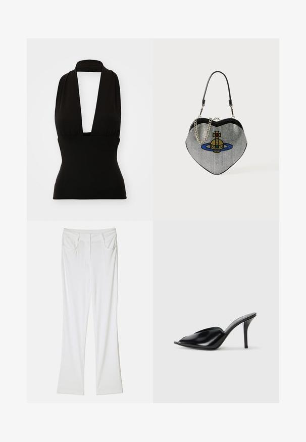 Zwarte haltertop gemaakt van rekbare stof. Beschikt over een diepe V-hals en een flatterende pasvorm. Gladde textuur, geen zichtbare patronen of hardware.; Witte flare broeken van een gladde stof, met twee voorkruisen en een gestikte tailleband voor een aansluitende pasvorm.; Zwarte leren muiltjes met hoge hakken, open teen, spitse vorm, gladde textuur en een slanke stiletto-hak.; Hartvormige handtas van gaas met een metallic afwerking, met een ontwerp van een kat en een planeet in blauw, geel en rood. Inclusief een kettingband.