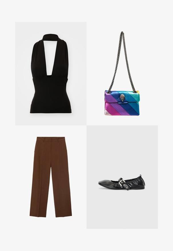 Top halter nero realizzato in tessuto elasticizzato. Caratterizzato da un profondo scollo a V e una vestibilità che valorizza. Texture liscia, senza motivi visibili o elementi hardware.; Pantaloni marroni a gamba larga realizzati in un tessuto morbido con vita alta, dotati di tasche frontali e una piega ordinata sul davanti.; Scarpa piatta in pelle nera con punta affusolata, dettagli arricciati attorno all'apertura e un accento di fibbia argentata sulla fascia regolabile.; Borsa a mano di medie dimensioni con strisce diagonali multicolori in pelle, tracolla in catena argentata e una chiusura decorativa distintiva.; Collana in argento con tre anelli intrecciati: due in argento e uno in oro, con una finitura liscia e una chiusura a moschettone.