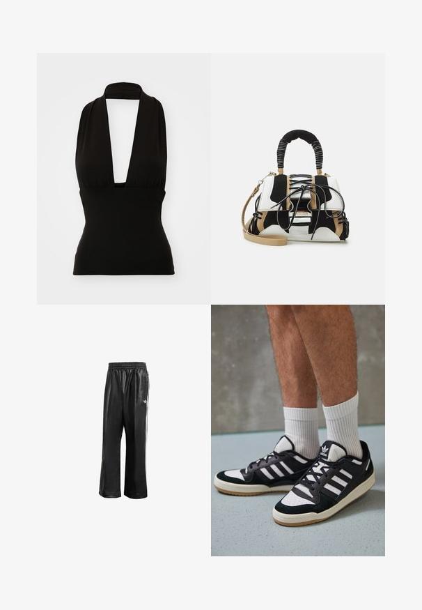 Top halter negru fabricat dintr-un material elastic. Are un decolteu adânc în V și o croială care pune în valoare silueta. Textură netedă, fără motive vizibile sau accesorii.; Pantaloni de trening sintetici negri cu talie elastică, având dungi albe pe laturi și un mic logo alb pe şoldul stâng.; Adidași negri și albi cu un superior din suede și piele, prevăzuți cu trei dungi albe, un vârf perforat și o talpă din cauciuc caramel.; Geantă multicolor cu plasă neagră, albă și bej. Dispune de o mânere texturate, design cu șireturi și curea de umăr detașabilă.