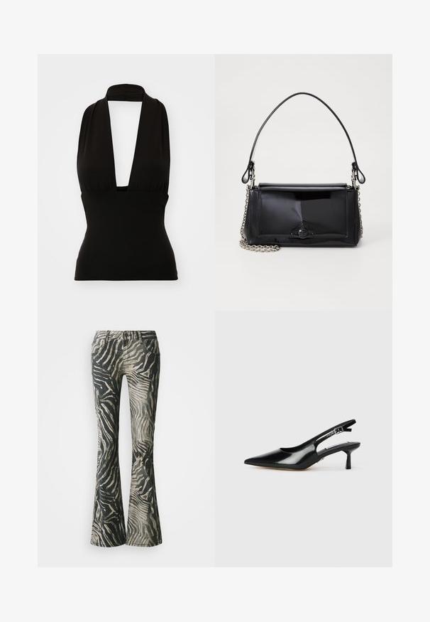 Czarny top na ramiączkach wykonany z elastycznego materiału. Posiada głęboki dekolt w kształcie litery V oraz korzystny krój. Gładka tekstura, brak widocznych wzorów lub dodatków.; Dzwony w czarno-beżowy wzór zebra, wykonane z denimu, z pięcioma kieszeniami i widocznymi detalami ściegów.; Czarne lakierowane sandały na obcasie z wąskim noskiem, cienkim obcasem i regulowanym paskiem z klamrą. Gładka faktura z minimalnymi zdobieniami.; Czarna torebka z lakierowanej skóry o prostokątnym kształcie, z łańcuszkowym paskiem i charakterystycznym akcentem ze sprzętem na środku. Gładka tekstura.