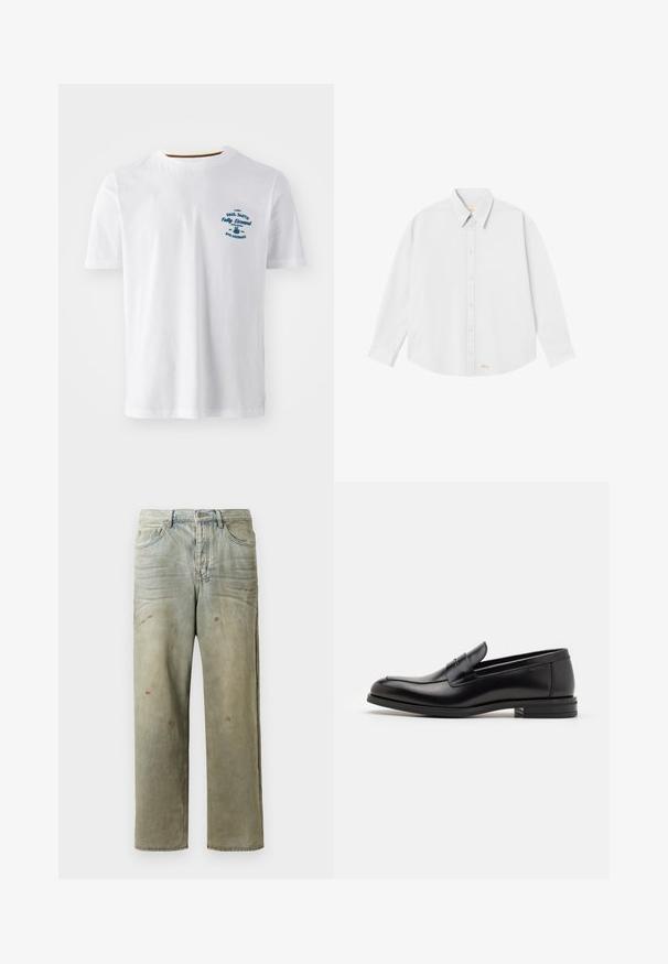 Camiseta blanca de algodón con mangas cortas, con un logo impreso en azul en el frente. Cuello redondo con un ribete interior en contraste.; Camisa blanca de botones con cuello clásico, mangas largas y dobladillo redondeado; presenta un pequeño logo naranja en la parte inferior izquierda.; Jeans de mezclilla desgastados en verde claro, con corte recto, diseño de cinco bolsillos y decoloración desigual con manchas de pintura.; Mocasines de cuero negro con una textura suave, puntera redondeada y una tira decorativa en el empeine. Tacón bajo apilado, diseño minimalista.