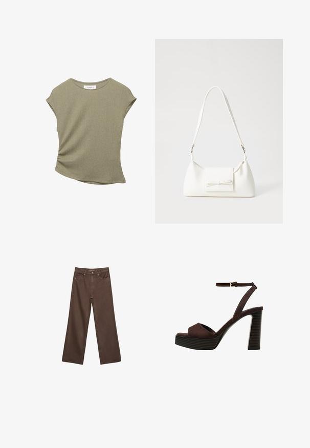 Oliwkowa bluzka z krótkim rękawem, wykonana z teksturowanej, prążkowanej tkaniny. Ma marszczony detal po boku oraz lekko zaokrąglony dół.; Szerokie brązowe dżinsy wykonane z denimu, z wysokim stanem, przednimi kieszeniami i klasycznym zapięciem na guzik. Gładka faktura z subtelnym przeszyciem.; Brązowe zamszowe sandały na wysokim obcasie z odkrytymi palcami, regulowanym paskiem na kostce i paskowatą podeszwą.; Biała syntetyczna torba o trójkątnym kształcie, płaskim przednim klapce i detalach w postaci kokardy, regulowanym pasku, gładkiej fakturze oraz minimalistycznym designie.