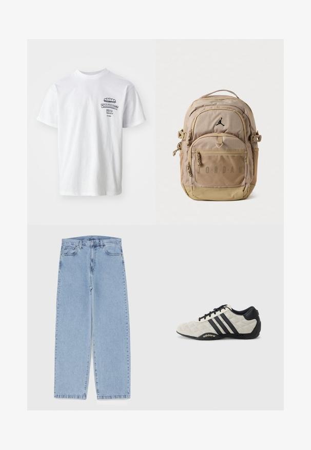 White cotton t-shirt with short sleeves, round neck, and a graphic print featuring the text "Carhartt WIP" and a food illustration on the chest.; Light blue denim jeans with straight leg design, featuring a mid-rise waist, five pockets, and a button and zipper closure.; Adidas sports shoe with a textured, light gray upper and black leather accents. Features black three-stripe logo and cushioned sole.; Tan backpack made of lightweight fabric with black logo, multiple zippered pockets, textured mesh accents, and adjustable straps.
