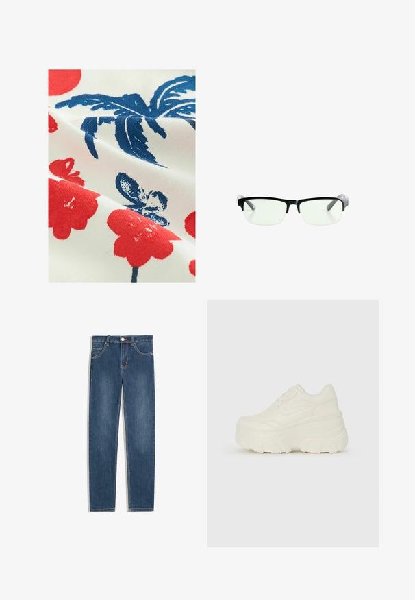 Tkanina bawełniana o białym tle z czerwonymi wzorami kwiatowymi i niebieskimi liściastymi motywami, prezentująca teksturowane, drukowane wykończenie.; Ciemnoniebieskie dżinsy o prostym kroju, pięć kieszeni, subtelne detale w szwach oraz metalowy guzik w talii.; Białe sneakersy na platformie z gładkim, skórzano przypominającym wierzchem, zaokrąglonym kształtem, wyściełanym kołnierzem oraz teksturowaną gumową podeszwą z wyraźnym bieżnikiem.; Czarne prostokątne okulary z przezroczystymi soczewkami, posiadające eleganckie czarne oprawki i szare transparentne końcówki zauszników. Minimalistyczny design, bez widocznego logo.