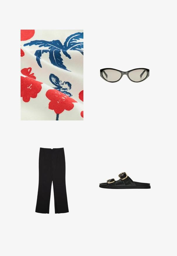 Bavlnená tkanina s bielym pozadím, na ktorej sú červené kvetinové vzory a modré lístkové designy, s textúrovaným tlačeným povrchom.; Čierne nohavice so strihom rovného strihu, s prednými vreckami a bočnými rozparkami na leme. Vyrobené z mäkkej, hladkej tkaniny. Vhodné na rôzne príležitosti.; Čierne šľapky s dvoma zlatými prackami, hladký textúrovaný materiál, plochá podrážka a minimalistický dizajn.; Čierne slnečné okuliare v tvare mačacích očí so šedými tónovanými sklami. Plastový rám má ostré hrany a hladký, lesklý povrch.