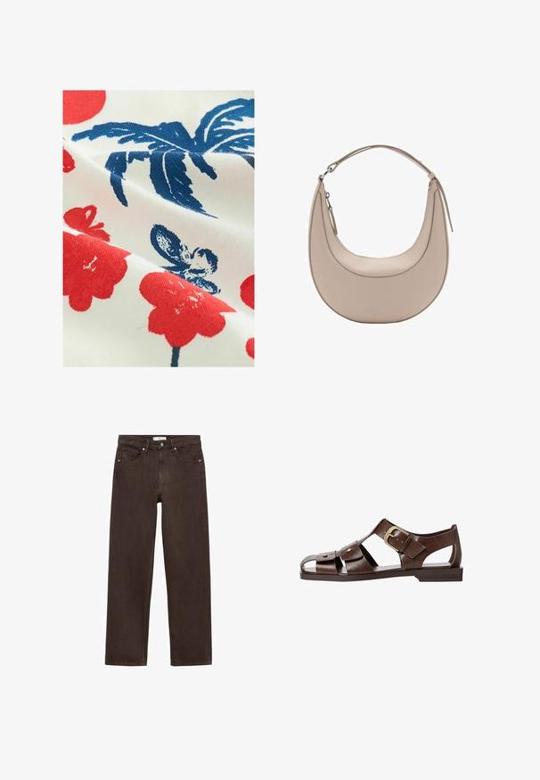 Baumwollstoff mit weißem Hintergrund, der rote Blumenmuster und blaue Blattdesigns zeigt, mit einer strukturierten, bedruckten Oberfläche.; Braune weit geschnittene Jeans aus Denim, mit einem klassischen Fünf-Taschen-Design, Knopfverschluss und dezenten Stichdetails.; Braune Leder-Sandale mit ausgeschnittenem Design, verstellbarem seitlichem Riemenverschluss und flacher Sohle, mit Metallakzenten und offenem Zehenbereich.; Beige Leder Schultertasche in Halbmondform, mit glatter Oberfläche und einem geschwungenen Henkel. Verfügt über einen Reißverschluss und saubere Nähte.
