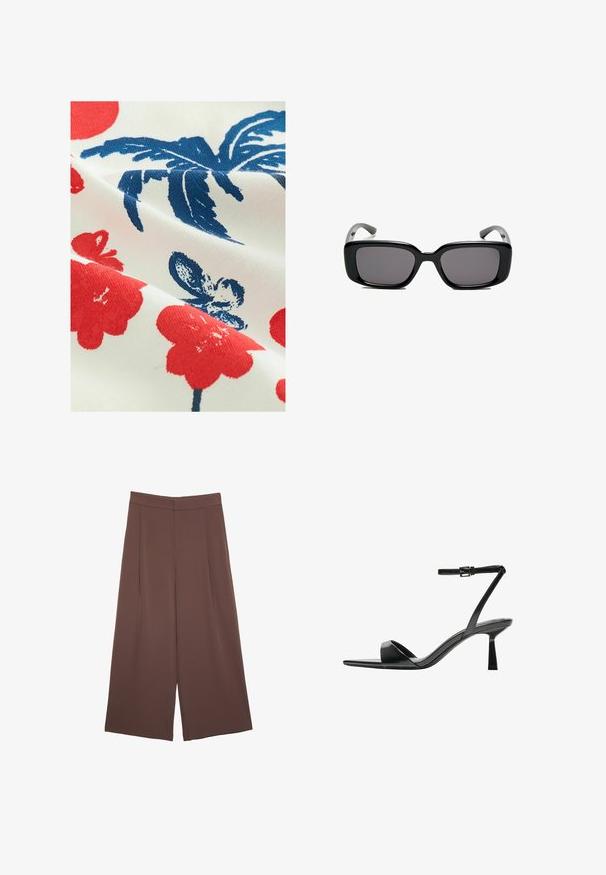 Bomullstyg med vit bakgrund som har röda blommönster och blå bladvibbar, som visar en strukturerad, tryckt finish.; Bruna vida byxor med en slät textur, som har hög midja och framfickor. Tyget är lätt och flödar löst.; Bershka Sandaletter - black; Svarta rektangulära solglasögon med mörka linser, slimmad plastbåge och böjda tempel. Designen är kraftig med en minimalistisk estetik.