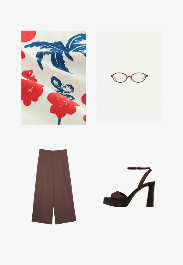 Tissu en coton avec un fond blanc présentant des motifs floraux rouges et des designs de feuilles bleues, mettant en valeur une finition imprimée texturée.; Pantalons larges marron avec une texture lisse, dotés d'une taille haute et de plis à l'avant. Le tissu est léger et tombe de manière fluide.; Sandale à talons hauts en suede marron avec un bout ouvert, une bride de cheville réglable et une semelle de plateforme rayée.; Lunettes en écaille de tortue avec des verres ovales et une finition lisse et élégante. Présente des branches fines avec une courbure subtile au niveau des tempes. Verres transparents.