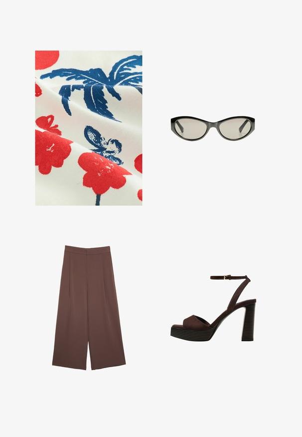 Baumwollstoff mit weißem Hintergrund, der rote Blumenmuster und blaue Blattdesigns zeigt, mit einer strukturierten, bedruckten Oberfläche.; Braune Weite-Leg-Hosen mit einer glatten Textur, hoher Taille und Vorderfalten. Der Stoff ist leicht und fällt locker.; Braune Wildleder-Pumps mit offenem Zeh, verstellbarem Knöchelriemen und gestreiftem Plateausohlen.; Schwarze Cat-Eye-Sonnenbrille mit grau getönten Gläsern. Der Kunststoffrahmen hat scharfe Kanten und eine glatte, glänzende Oberfläche.